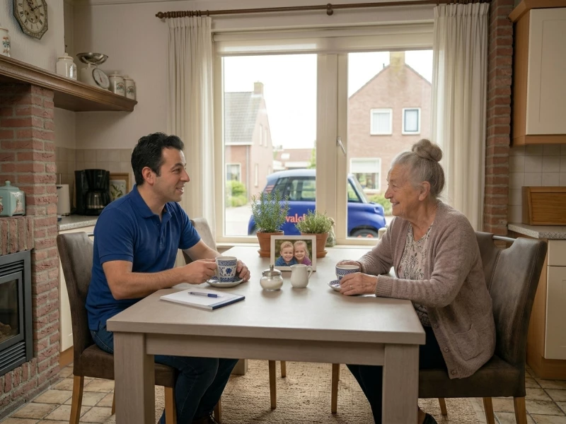 Medewerker wooncomfort in gesprek met een cliënt aan de keukentafel